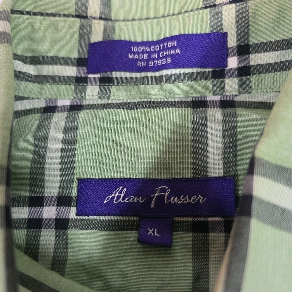 Alan Flusser Green Black and White Check LS Men's Shirt‎ 100% Cotton Size - Picture 7 of 9